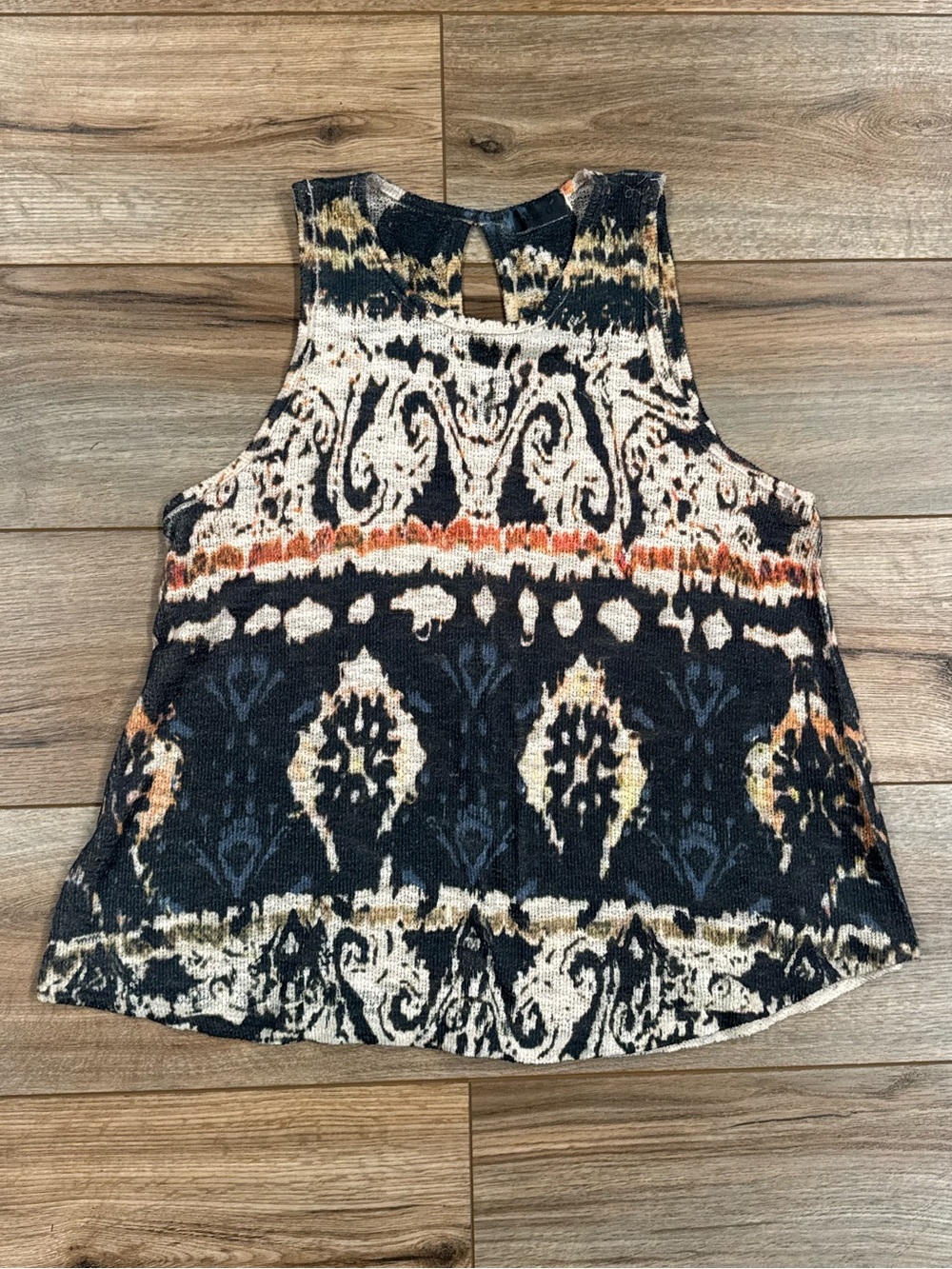 Boho Black & Orange Earthy Aztec Pattern Keyhole Flared Tank Top | Size Medium